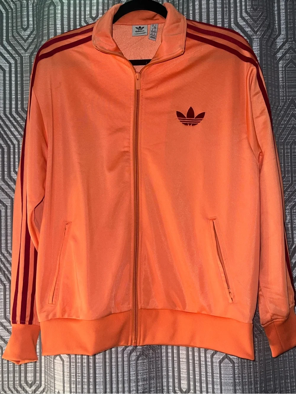 Adidas Women’s Peach Orange Track Jacket with Oxblood Red Trefoil & Stripes
